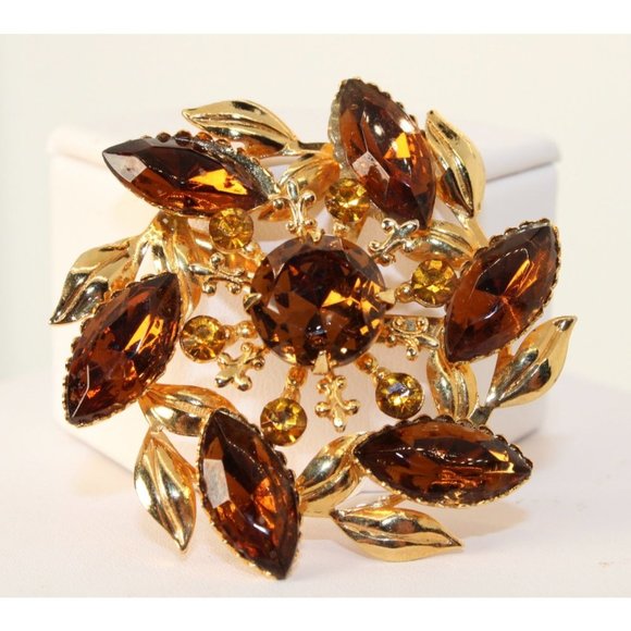 Jewelry Vintage Brooch Brown Rhinestones Gold Floral Leaves Poshmark